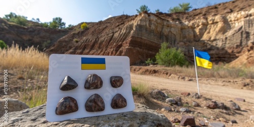 Obraz na płótnie Ukrainian flag and polished stones displayed at a geological site during a sunny day w salonie
