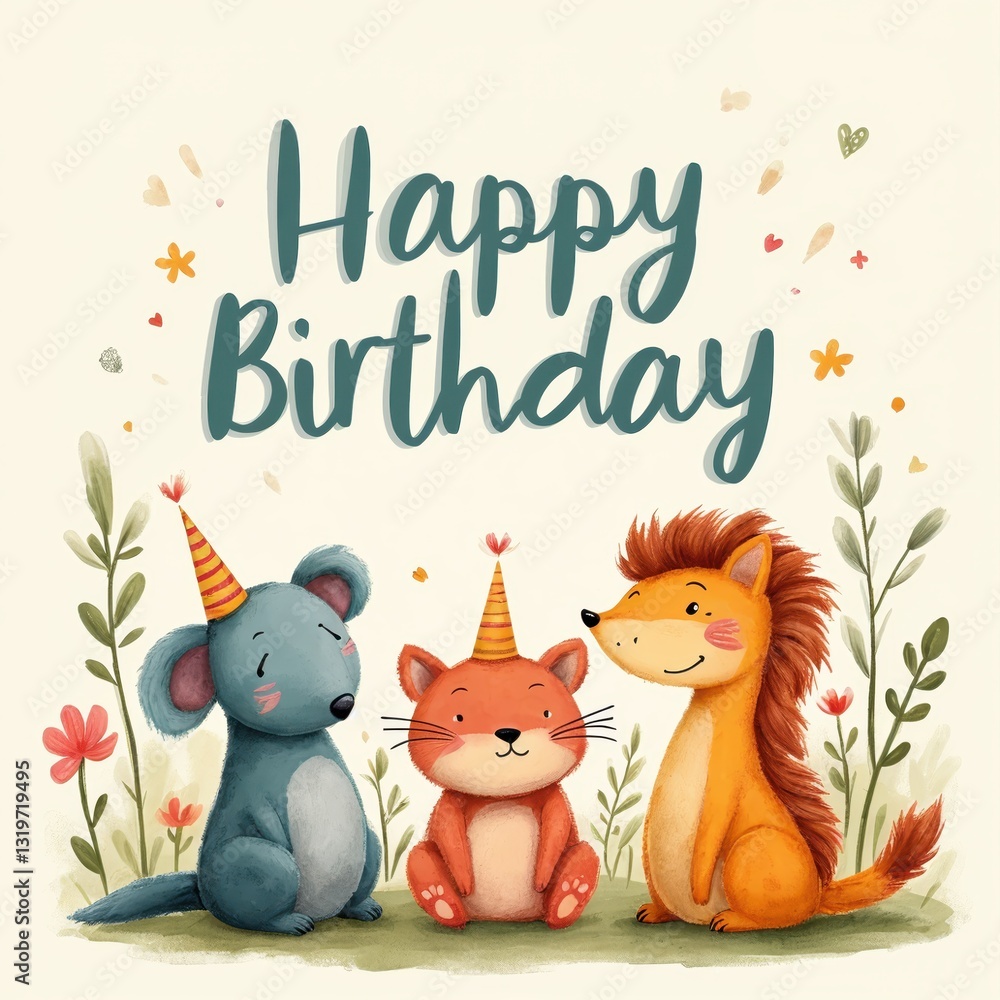 Fototapeta premium happy birthday card with animals and flowers