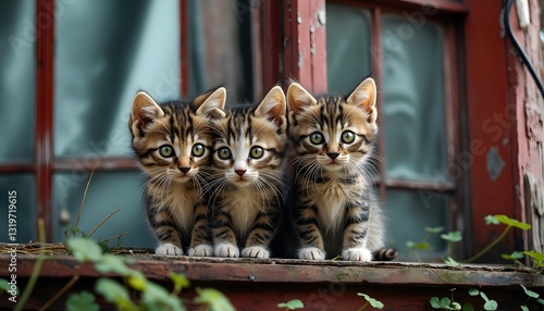 Three Adorable Kittens on Window Sill