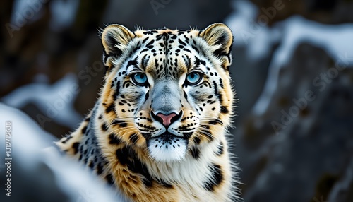 Majestic Snow Leopard Portrait  Wild Cat  Blue Eyes