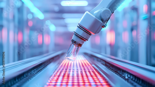 Wallpaper Mural A robotic arm is positioned over a series of illuminated LED lights, suggesting a high-tech manufacturing or assembly process in a futuristic environment. Torontodigital.ca