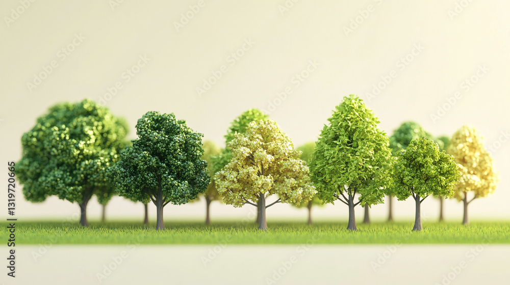 Fototapeta premium Green life, trees and sunshine Six watercolor trees against a simple white background, 