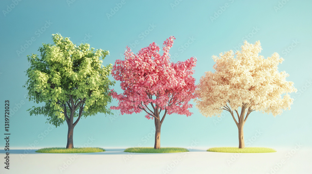 Spring blooming trees open field nature photography bright skyline wide angle seasonal beauty Three Trees Representing Spring Summer Autumn and Winter Seasons Spring blooming trees open field nature photography bright skyline wide angle seasonal beauty Three Trees Representing Spring Summer Autumn and Winter Seasons