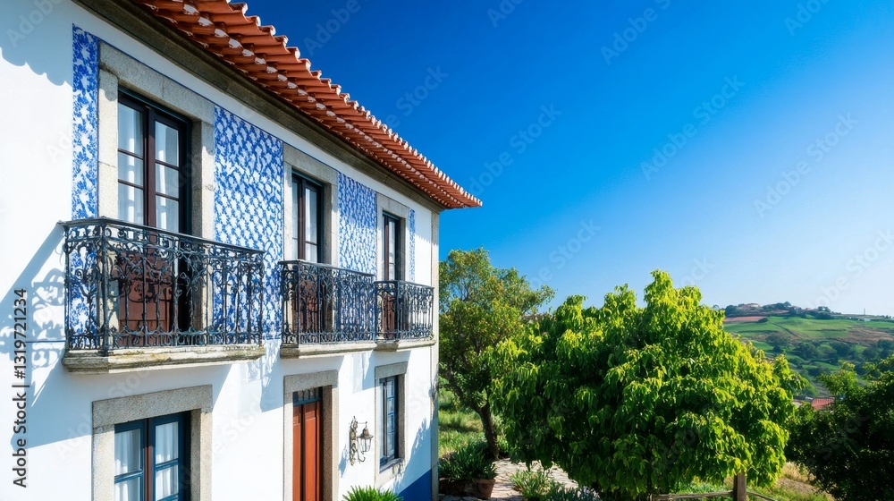 Obraz premium Charming blue-tiled house with balcony under clear sky, surrounded by lush greenery and hills