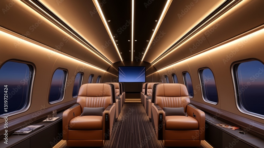 Fototapeta premium Luxurious private jet interior with plush seating and ambient lighting during sunset flight