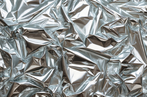A shimmering silver foil texture background, a reflective and elegant surface with subtle creases and highlights.