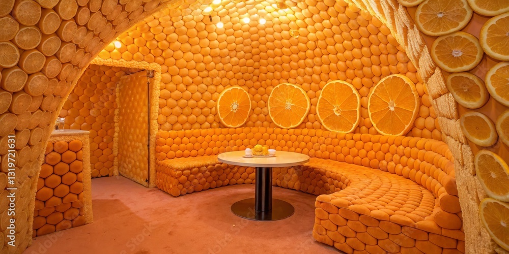 Unique interior design features an orange-themed room with citrus-inspired decor and cozy seating in an inviting space