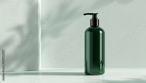 a dark green shampoo packaging bottle mockup with copy space