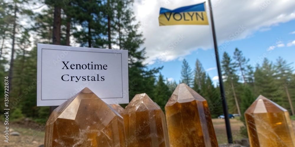Beautiful xenotime crystals displayed in nature with a sign indicating their name in a scenic location