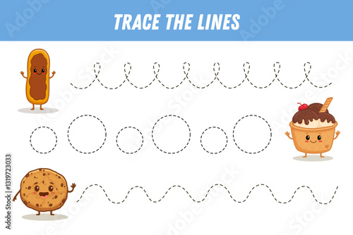 Tracing lines for kids. Cute cartoon sweets. Funny food characters. Ice cream, cookie, eclair. Handwriting practice. Educational game for preschool kids. Activity page. Vector