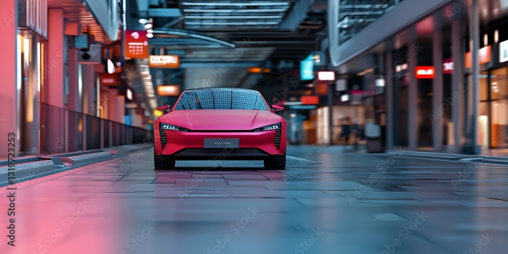 Fototapeta premium Futuristic pink electric car parked in a vibrant urban setting with modern architecture and shops