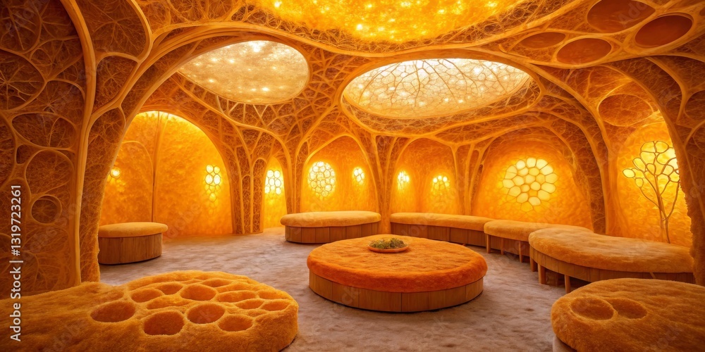 Unique warm-toned interior of a modern artistic lounge showcasing creative design elements