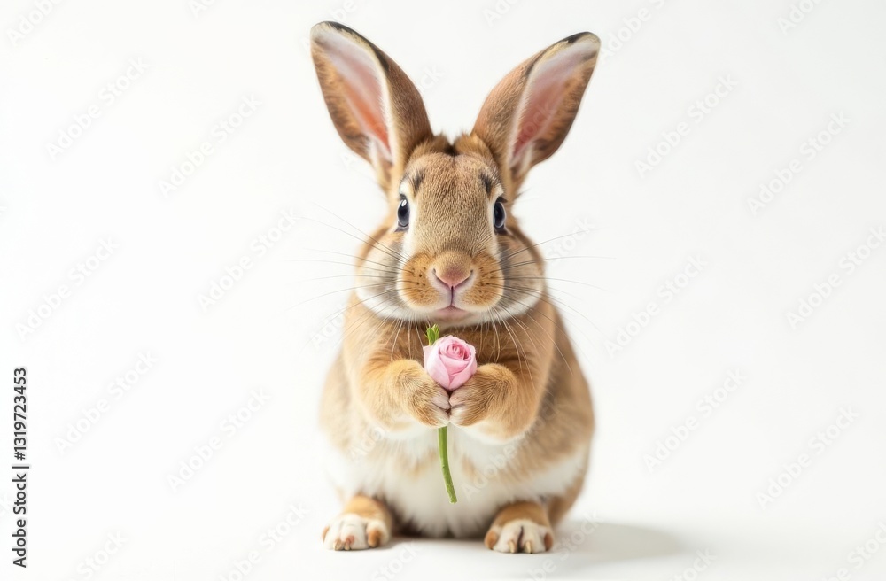 Fototapeta premium Adorable cute bunny holding a flower in his paws. Foreground. Light background. Happy Easter concept and idea