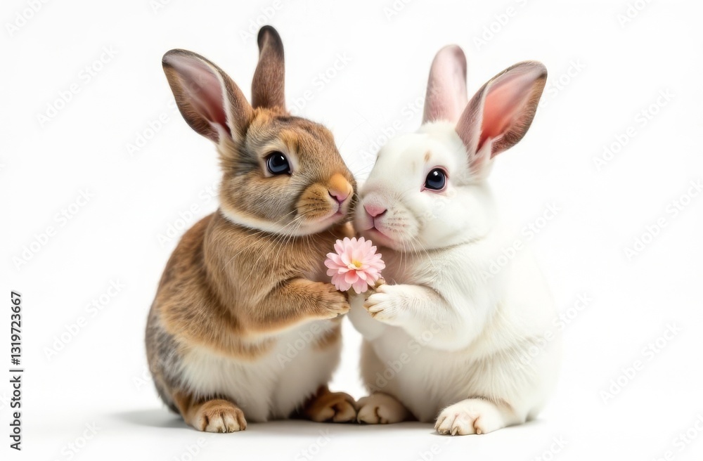 Fototapeta premium Two adorable cute rabbits holding a flower in their paws. Foreground. Light background. Happy Easter concept and idea