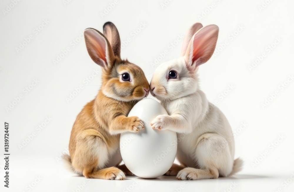 Obraz premium Two cute rabbits holding an Easter egg in their paws, white background. Space for text, congratulations. Happy Easter concept and idea