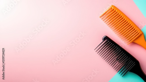 Two vibrant combs display artistic design against a soft pink and blue gradient, symbolizing beauty and functionality in everyday grooming tools. photo