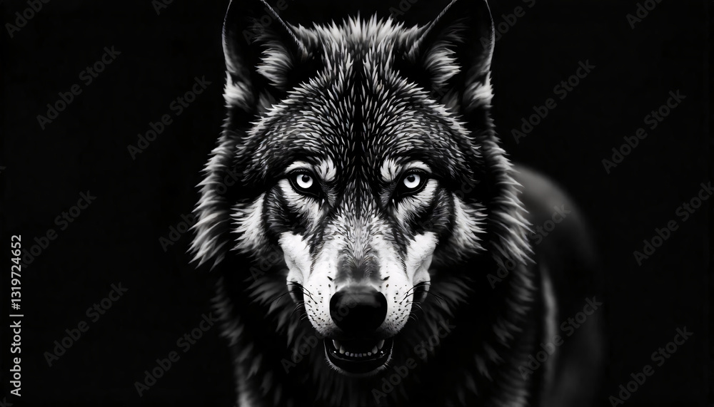 Intense close-up of a wolf's face in black and white, capturing its fierce stare and snarl. Intense close-up of a wolf's face in black and white, capturing its fierce stare and snarl.