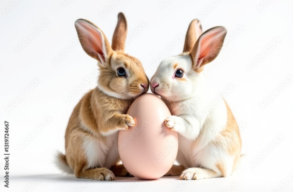 Two cute rabbits holding an Easter egg in their paws, white background. Space for text, congratulations. Happy Easter concept and idea Two cute rabbits holding an Easter egg in their paws, white background. Space for text, congratulations. Happy Easter concept and idea