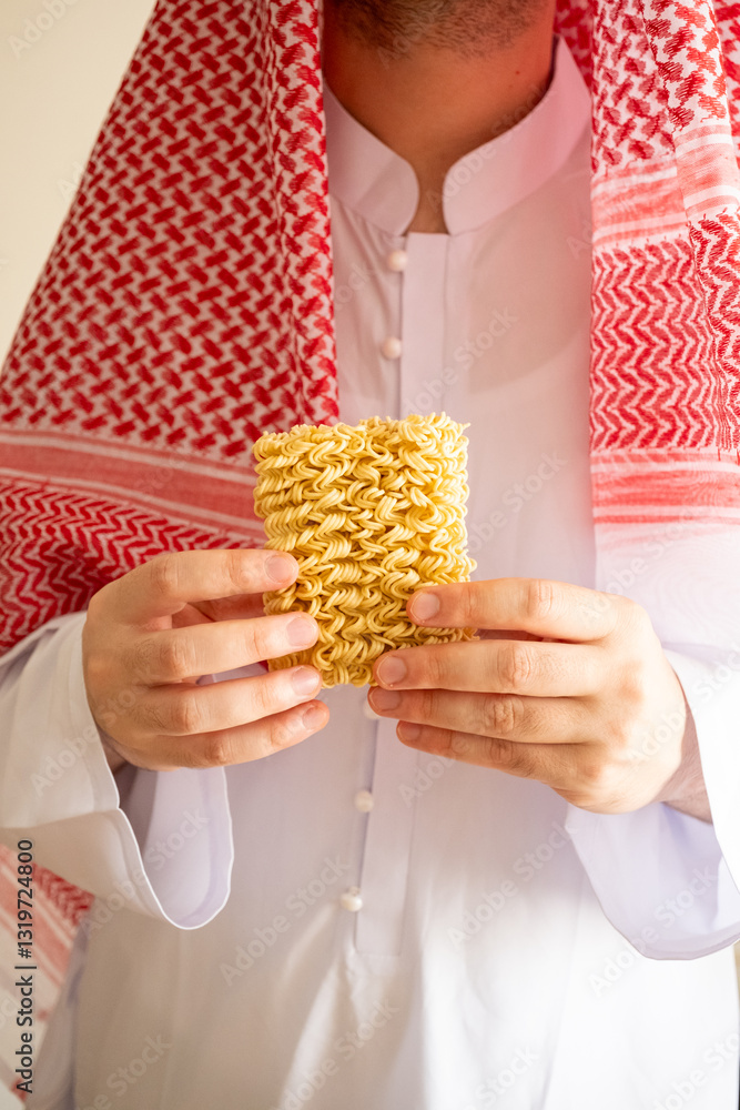 Obraz premium Saudi in Arab dress holding out instant noodles