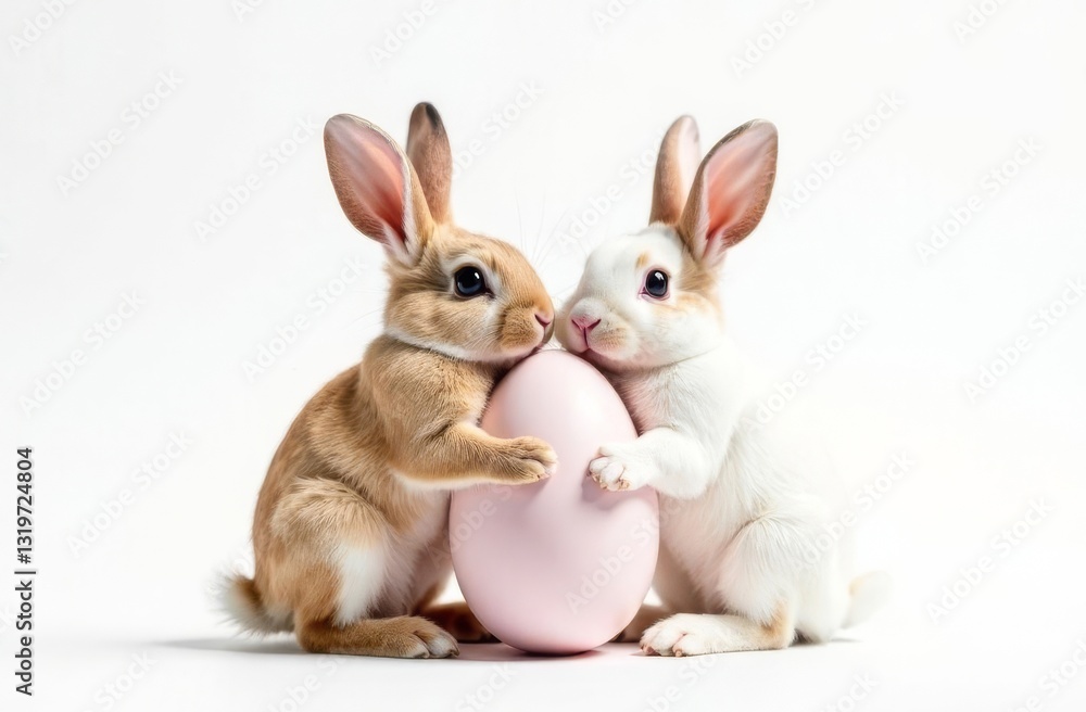 Fototapeta premium Two cute rabbits holding an Easter egg in their paws, white background. Space for text, congratulations. Happy Easter concept and idea