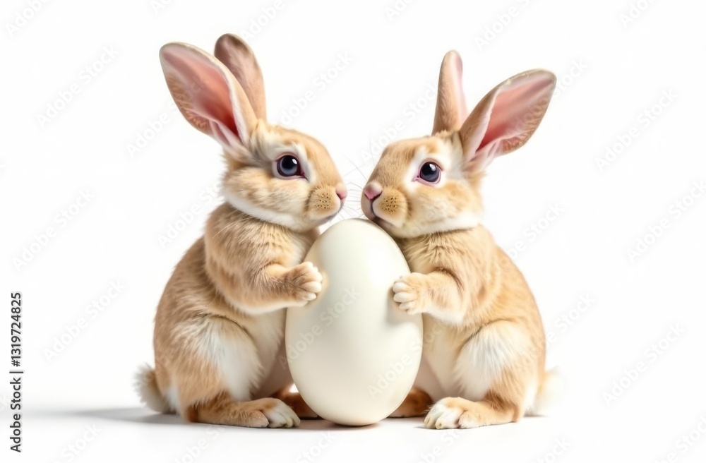 Fototapeta premium Two cute rabbits holding an Easter egg in their paws, white background. Space for text, congratulations. Happy Easter concept and idea