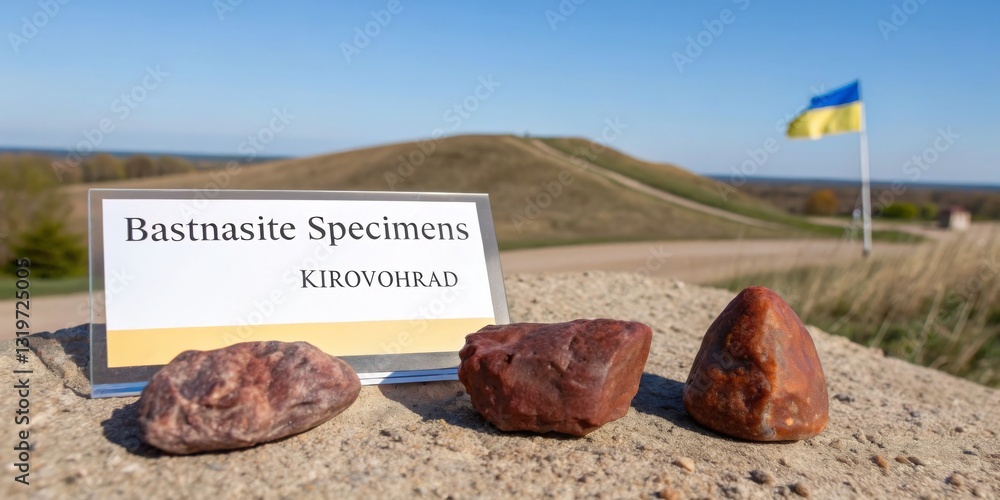Bastnasite specimens displayed with Ukrainian flag in Kirovohrad region during sunny day