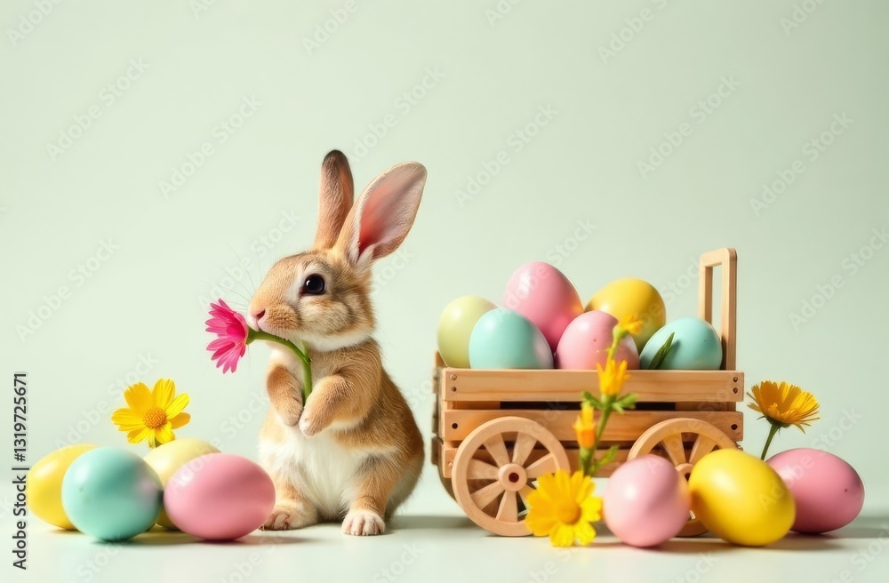 Fototapeta premium Adorable cute bunny with a flower in his teeth is pushing a wooden cart with Easter eggs on a light background. Close-up. Happy Easter day concept and idea