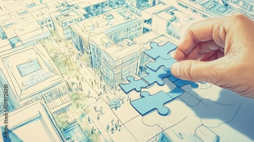 Hand puts puzzle piece on city plan. Background building blueprint. For strategic planning