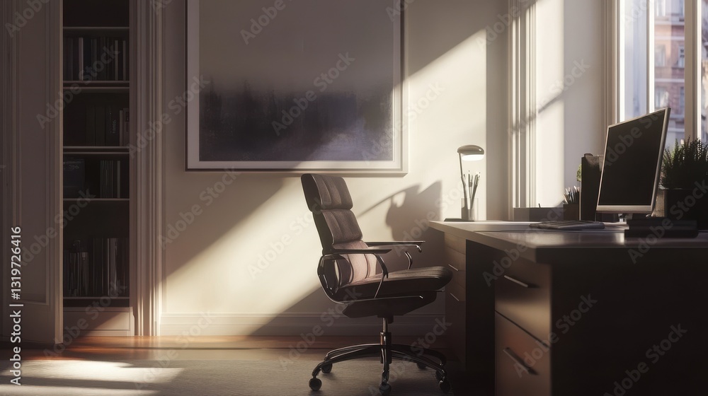 Fototapeta premium Elegant home workspace featuring a modern chair, large desk, and artwork, designed for focused work