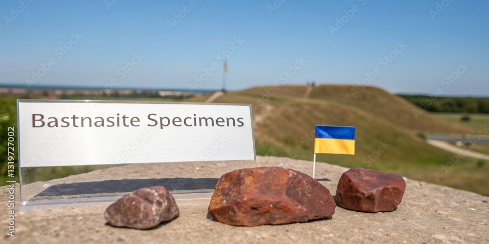 Bastnasite specimens displayed with Ukrainian flag near historic site on a clear day