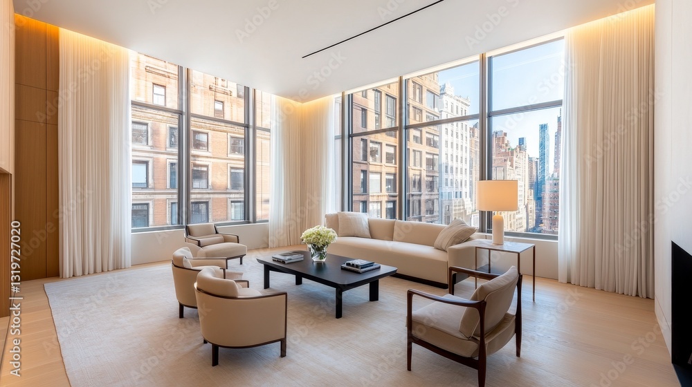 Fototapeta premium Modern living room with large windows showcasing city skyline, elegant furniture, and soft lighting