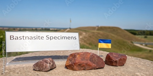 Obraz na płótnie Bastnasite specimens displayed with Ukrainian flag near historic site on a clear day w salonie