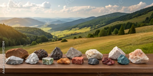 Obraz na płótnie Collection of colorful rocks displayed on a wooden table with a beautiful mountain landscape in the background during golden hour w salonie