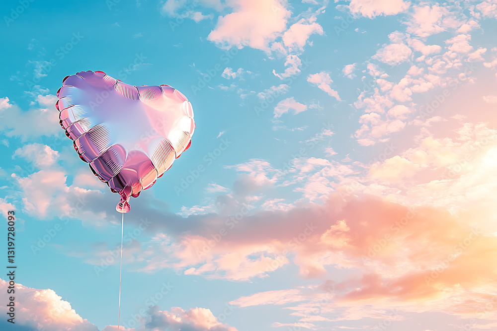 Fototapeta premium A heart-shaped foil balloon drifts through a pastel sky filled with fluffy clouds at sunset.
