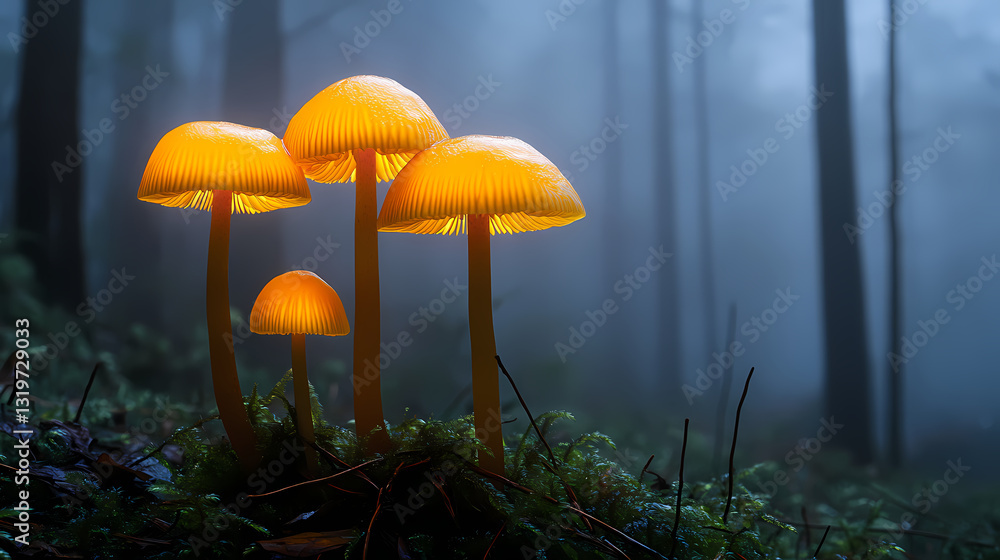 Fototapeta premium Softly glowing mushrooms in a misty forest, forest, glow, eerie. Eerie Glow. Illustration