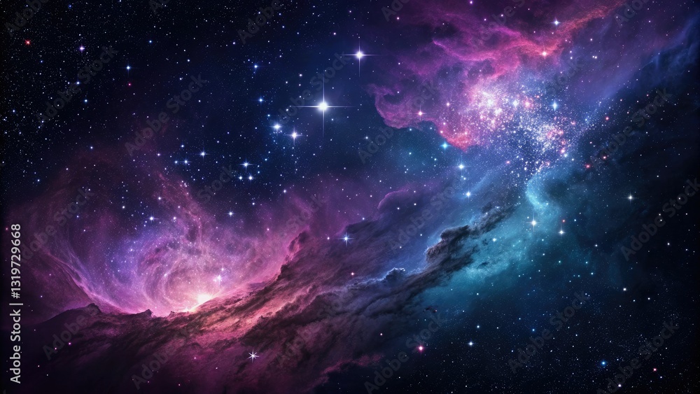 Naklejka premium A stunning picture that takes observers on a journey through vastness of universe, showcasing faraway galaxies and mesmerizing splendor of cosmos