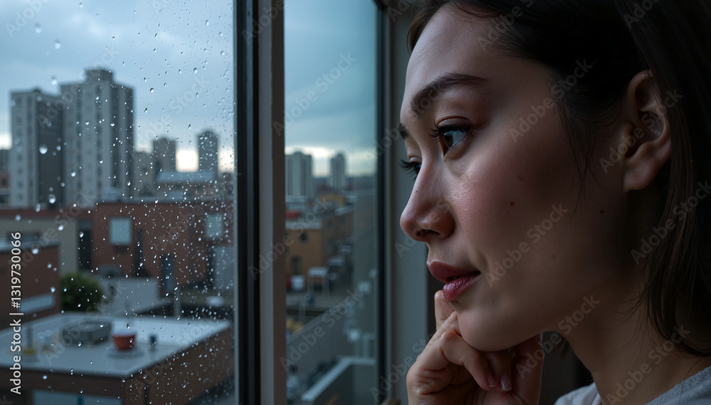 Thoughtful woman gazing out rainy window after an argument
Thoughtful woman gazing out rainy window after an argument