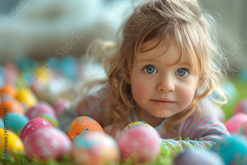Smiling children enjoying Easter Celebration with Colorful Eggs on a Sunny Day Outdoors