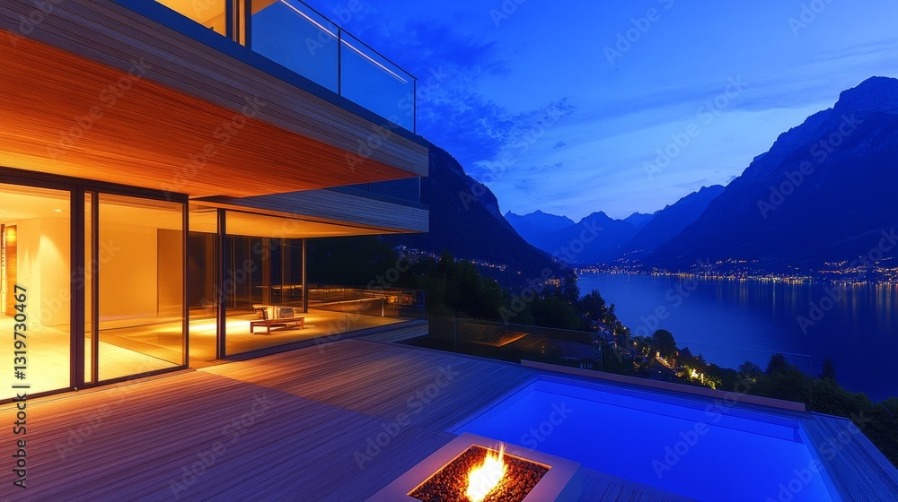 Obraz premium Modern lakeside villa at twilight with a glowing fire pit and serene mountain backdrop