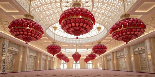 Obraz na płótnie Elegant interior design of a grand hall adorned with stunning red chandeliers in a luxury venue w salonie