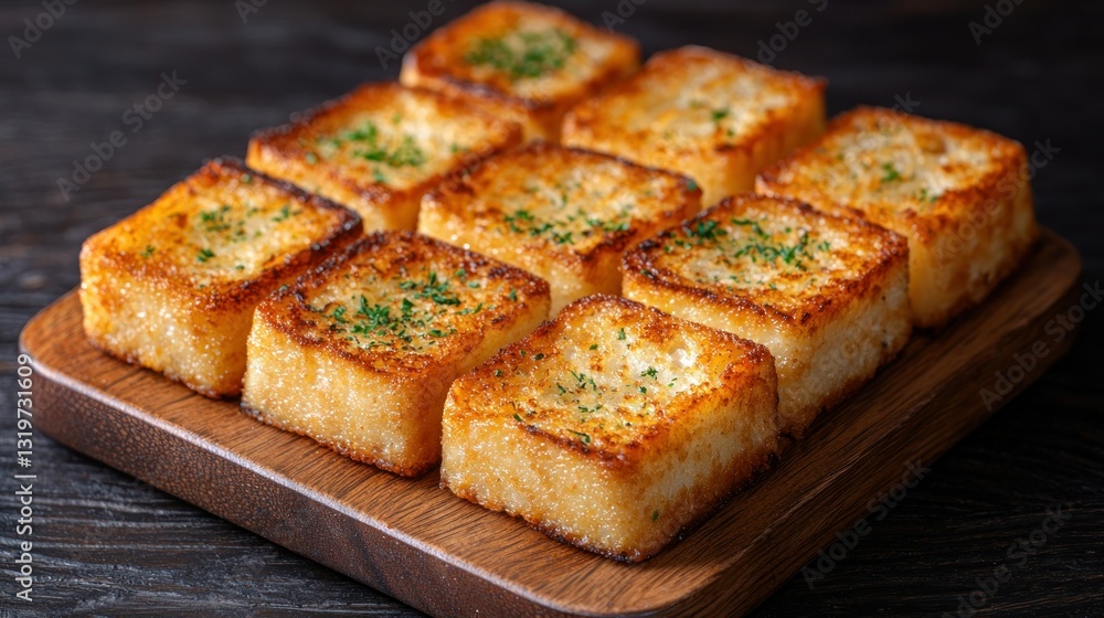 Golden Garlic Toast Squares on Wood Board Golden Garlic Toast Squares on Wood Board