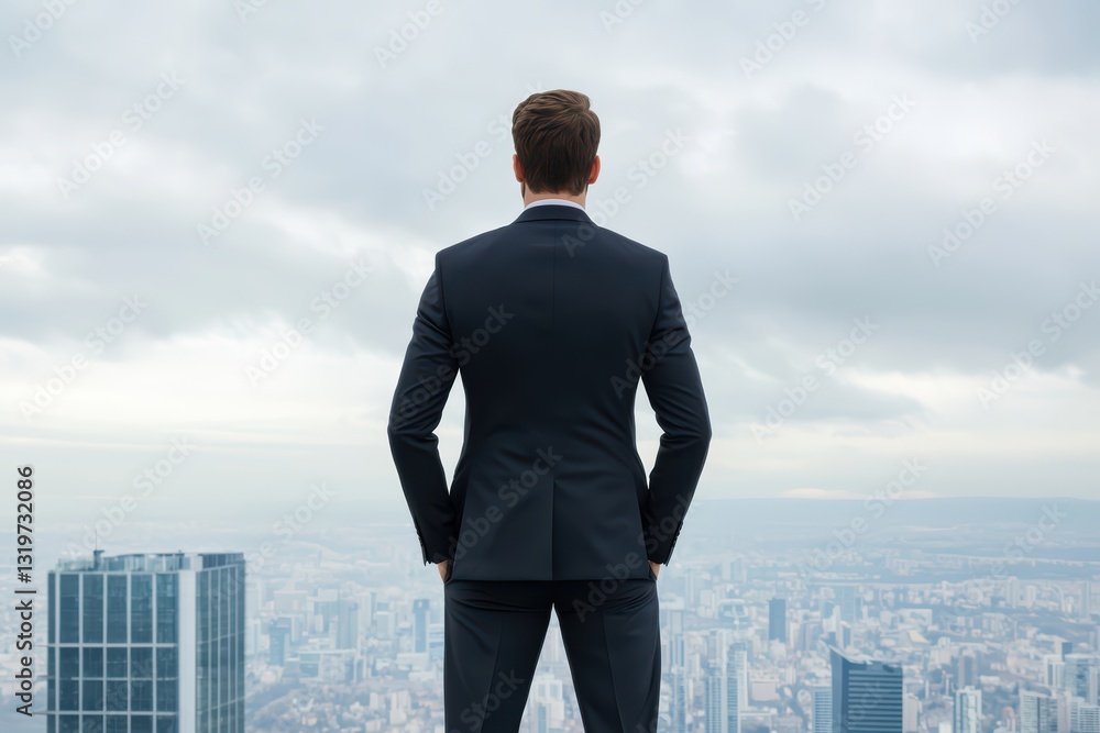 Businessman with Endless Ambition Overlooking Cityscape in Modern Suit Against Dramatic Sky Businessman with Endless Ambition Overlooking Cityscape in Modern Suit Against Dramatic Sky