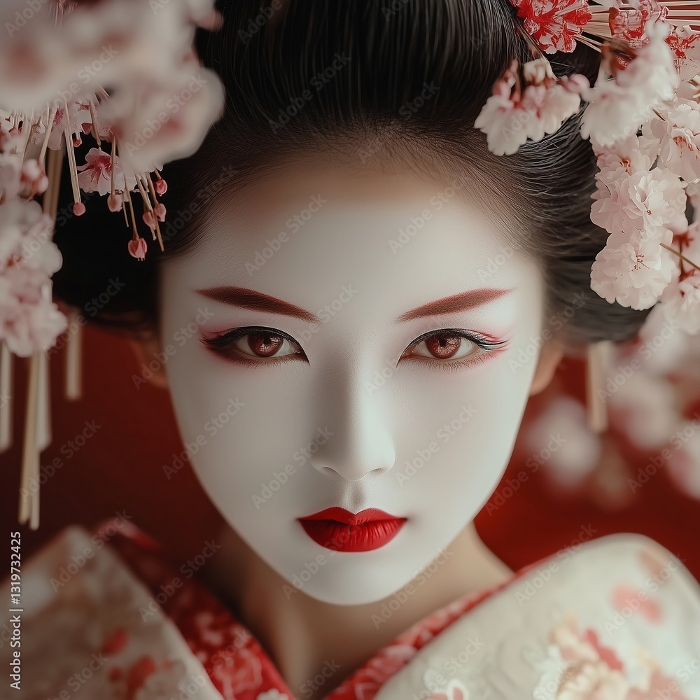 Elegant portrait of a geisha in traditional kimono, adorned with cherry blossoms. Soft lighting and vibrant red tones enhance the cultural beauty and grace. Elegant portrait of a geisha in traditional kimono, adorned with cherry blossoms. Soft lighting and vibrant red tones enhance the cultural beauty and grace.