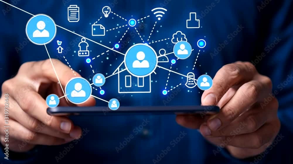 Man holding tablet, network connections, digital icons, dark background, business concept