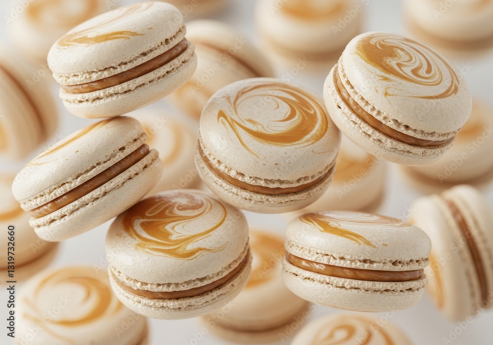 A set of delicate marbled white chocolate macarons with a glossy swirl of caramel colored patterns on the shell