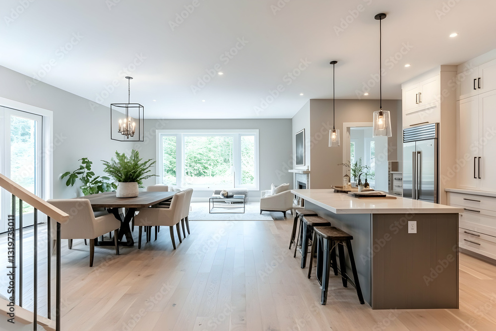 Bright and airy open-concept home featuring a modern kitchen with stainless steel appliances, a dining nook, and warm natural lighting Bright and airy open-concept home featuring a modern kitchen with stainless steel appliances, a dining nook, and warm natural lighting