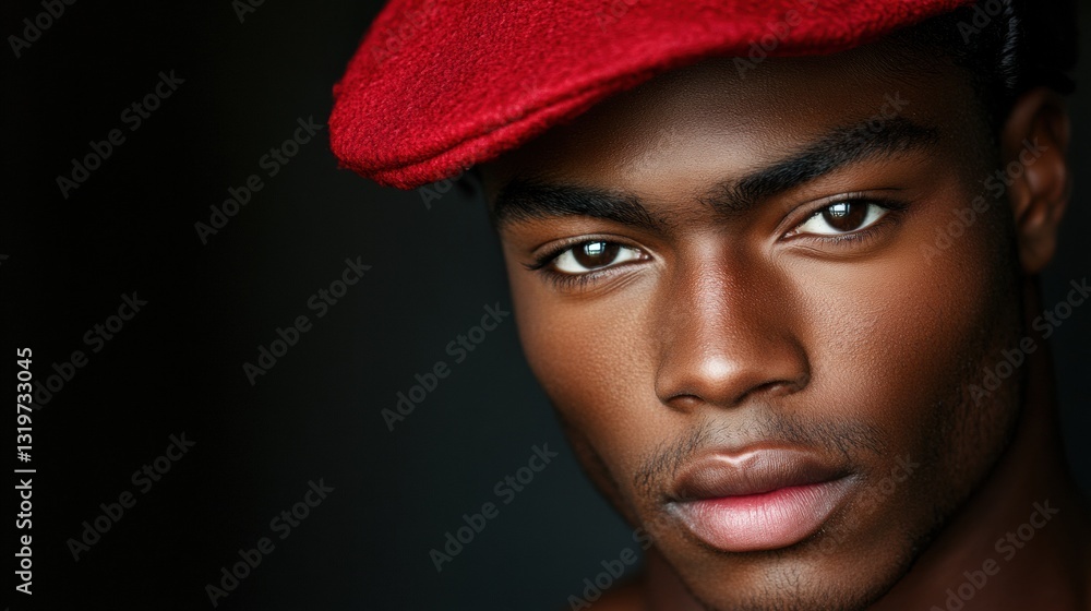 Black male model, looking like a rapper, braids, wearing a red cap, portrait. Space for text. Black male model, looking like a rapper, braids, wearing a red cap, portrait. Space for text.