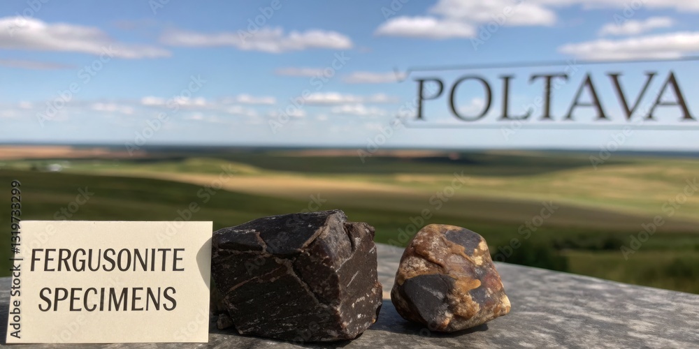 Stunning fergusonite specimens displayed against a scenic backdrop in Poltava, showcasing natural beauty and geological diversity