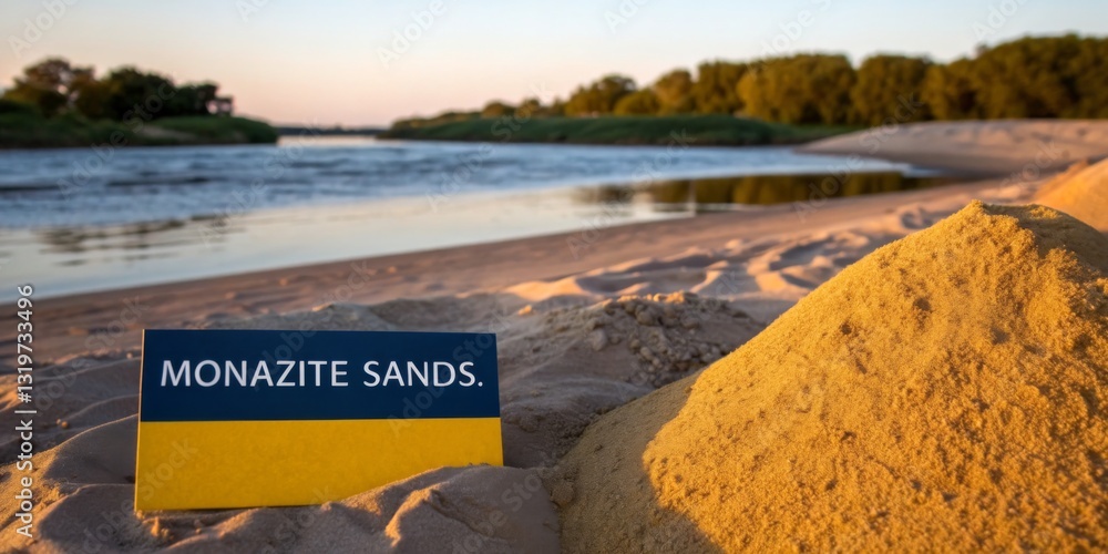 Monazite sands at sunset along the riverbank with gentle waves and lush greenery in the background