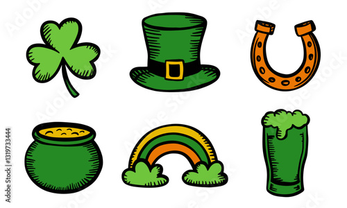 St. Patrick's day symbols, icons in sketchy doodle style, clover leaf, leprechaun's hat, horseshoe, pot of gold, green beer
